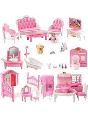Pink Dollhouse Furniture Set Full Rooms Playset 36 PC NIB